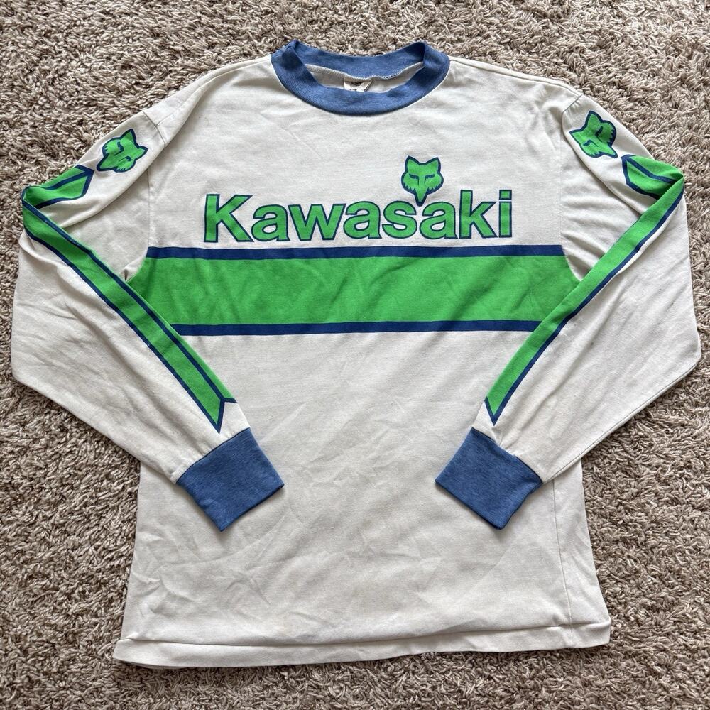 RARE Vintage Fox Racing x Kawasaki White Green LongSleeve Shirt Men’s Size Large